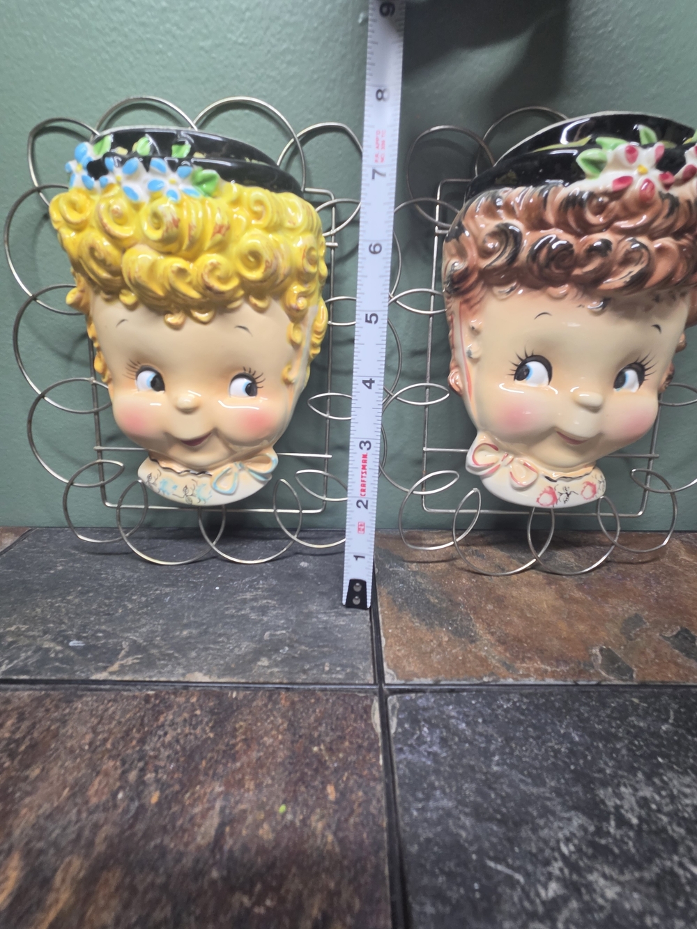 Vintage Ceramic Wall Pocket Pair - Yellow and Brown Head Planters - Picture 2 of 6